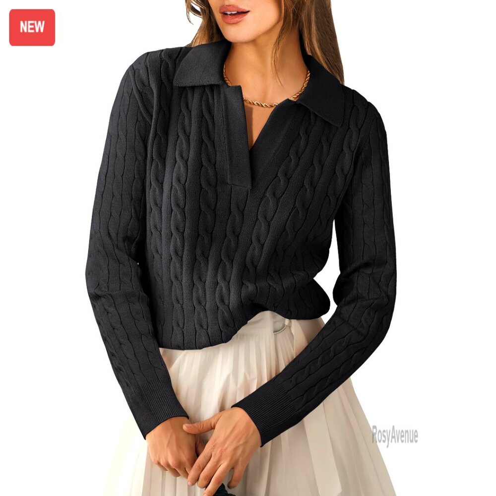 V-Neck Cable Knit Pullover Sweater, Long Sleeve Casual Top
